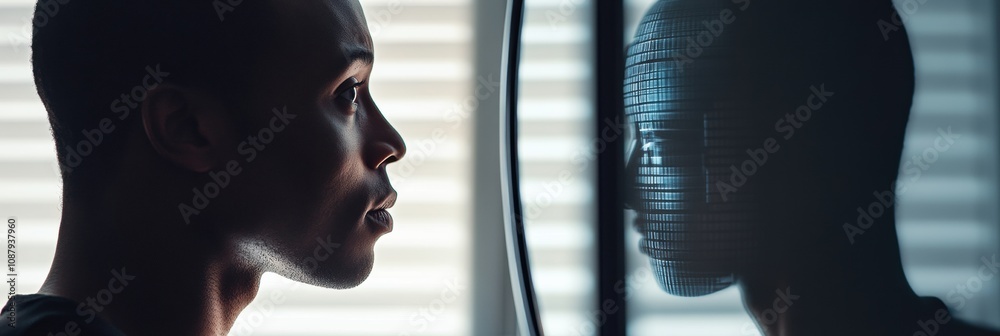 Poster a human observes their digital reflection revealing a robotic figure, blending reality with technolo