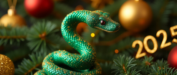 Fototapeta premium A green tree snake coils around shiny gold New Year decorations in a studio