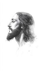 Digital watercolor Jesus Christ, with his serene face, head gently tilte, set against  simple white background, capture essence Christianity in  poignant, reverent drawing, soft and white nomotone.