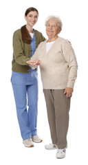 Caregiver supporting senior woman on white background. Home health care service