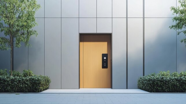 This entrance showcases a sleek design with smart technology, including motion sensors and a fingerprint scanner for secure access. Generative AI