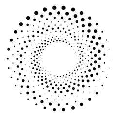 Black round halftone texture. Dotted radial swirl or tornado shape. Gradient circle. Pop art retro style.