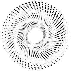 Black round halftone texture. Dotted radial swirl or tornado shape. Gradient circle. Pop art retro style.