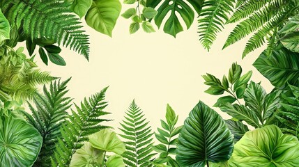 A vibrant arrangement of various green leaves forming a decorative border.