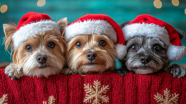 Trzy małe psy ubrane w czerwone świąteczne czapki