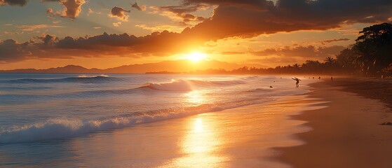 A serene beach sunset with waves reflecting golden light on the sand.