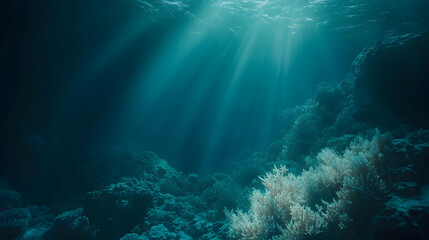 Naklejka premium Ethereal Underwater Scene Capturing the Beauty of Aquatic Turquoise Light Rays and Coral Reefs