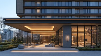 Obraz premium Modern building's illuminated outdoor lounge area at dusk.