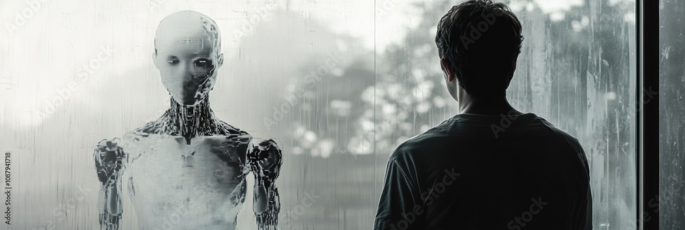 Aufkleber a person looks at their reflection in a digital mirror, which shows an ai figure instead, as rain fa