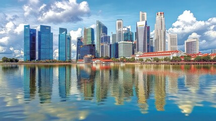 Obraz premium Modern cityscape with skyscrapers reflecting in the water.
