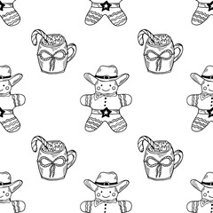 Christmas gingerbread in cowboy hat black outline seamless pattern. Western floral illustration.