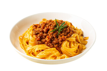 Isolated Plate of Italian Tagliatelle al ragu, white background. Long, flat egg pasta with a meat and tomato sauce or Bolognese sauce, rosemary.
