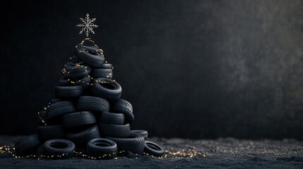 Creative christmas tree made of car tires adorned with golden fairy lights against a dark background celebrating a unique happy new year concept