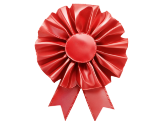A vibrant red award ribbon with elegant folds and a central rosette detail, symbolizing achievement. Isolated on transparent white background, png