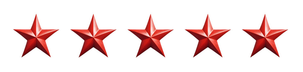 A set of five red stars isolated on a transparent background.