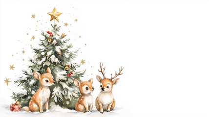 Fototapeta premium A charming watercolor painting of two deer enjoying the Christmas festivities.