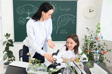 Female teacher with microscope and pupil in Biology class at school
