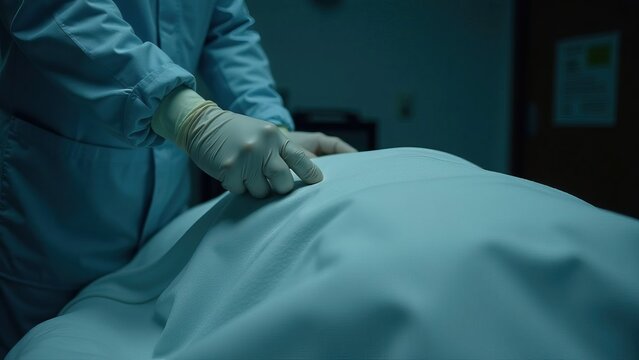 Gloved hands of morgue worker adjusting white sheet in dimly lit mortuary room - concept of morgue worker