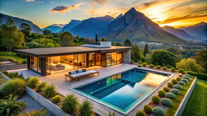 Naklejka premium Stunning Drone Photography of a Modern Pool House with Breathtaking Mountain Views - Luxury Design, Outdoor Living, Serenity, and Scenic Landscapes for Real Estate and Travel Inspiration