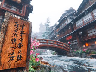 A serene traditional village scene with a wooden bridge over a stream and blooming flowers.