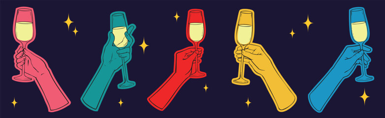 A set of hands holding champagne drinks glasses of different gestures, hand drawn flat vector Cheers elements collection for Christmas, birthday celebration party