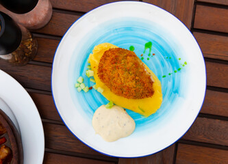 Traditional Russian dish - Pozhanskaya cutlet with mashed potatoes