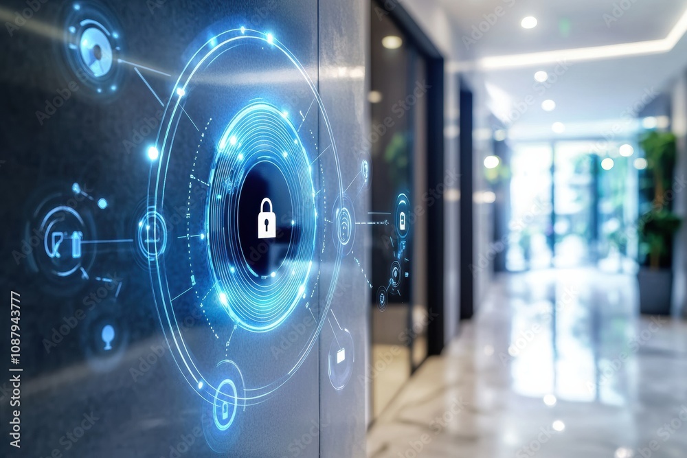 Poster The entrance showcases advanced security technology with cameras, motion sensors, and a fingerprint scanner for safety and convenience. Generative AI