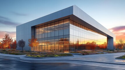 Obraz premium Modern glass building with landscaped surroundings.