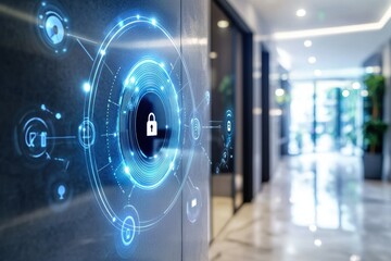 The entrance showcases advanced security technology with cameras, motion sensors, and a fingerprint scanner for safety and convenience. Generative AI