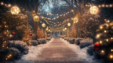 A beautifully decorated Christmas garden with twinkling fairy lights, festive ornaments, and a snow-covered path, creating a magical holiday atmosphere, perfect for a Christmas commercial poster