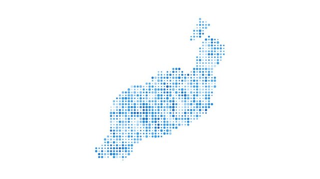 Lanzarote dotted digital map. Map of Lanzarote with pulsating colored circles. Shape of the island filled with blue disks. Captivating video.