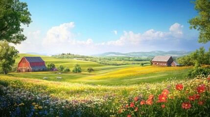 A picturesque rural scene with vast fields, rustic barns, and vibrant wildflowers under a clear blue sky, ideal for promoting nature and tranquility in a commercial post