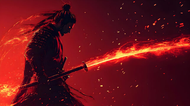 Samurai Warrior Wields Flaming Katana in Fiery Battle, A Digital Art Masterpiece