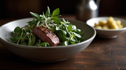 A grilled steak on a bed of mixed greens, with a side of roasted potatoes, and a drizzle of olive oil.