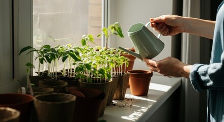 Person watering seedlings on windowsill with can