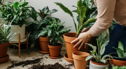 Person tending various indoor potted plants, creating home garden