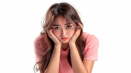 Fototapeta premium A Young Woman with Long Brown Hair Wearing a Pink Shirt Resting Her Head on Her Hands, Looking Down with a Sad and Worried Expression Against a White Background