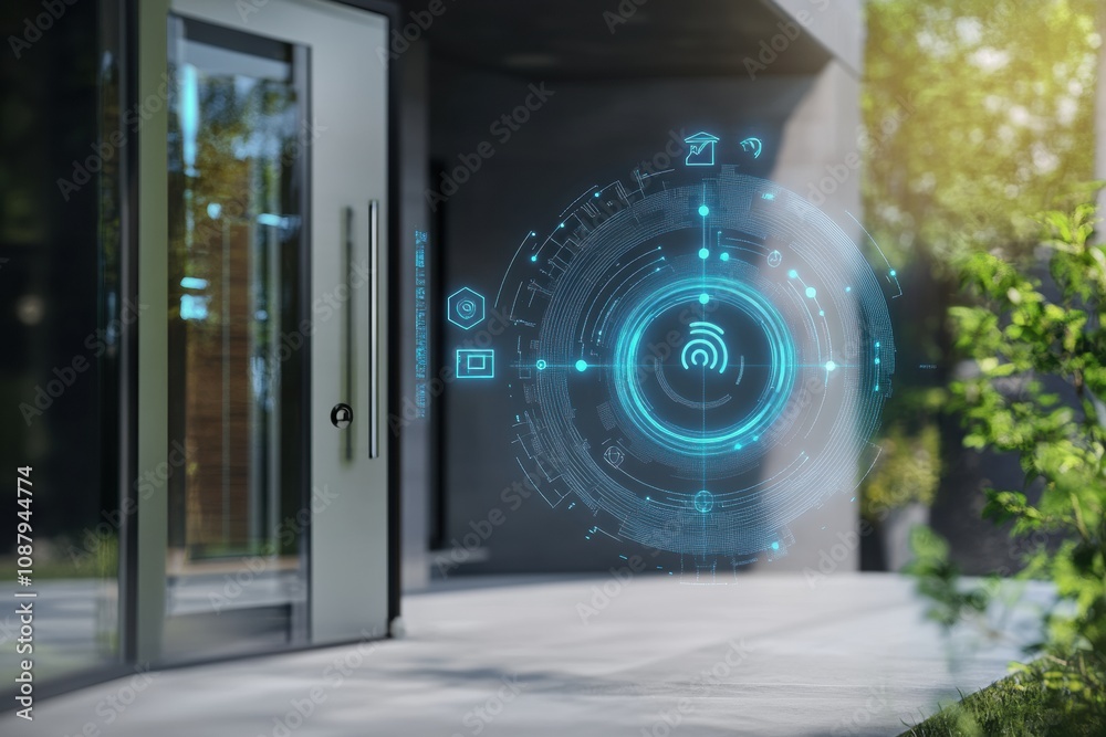 Leinwandbilder the entrance showcases a high-tech design with smart cameras, motion sensors, and a fingerprint scan