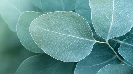 Obraz premium Close-up of eucalyptus leaves with a blurred background.