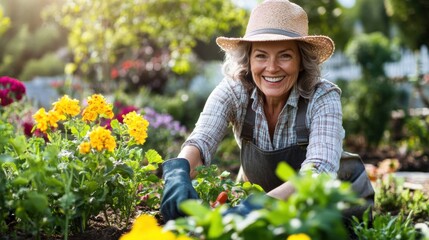 Smiling woman gardening in a colorful flower bed during daylight
