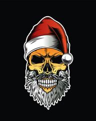 Skull with beard and mustache in Santa Claus hat. Christmas and New Year poster. Original vector illustration in vintage style. T-shirt design.