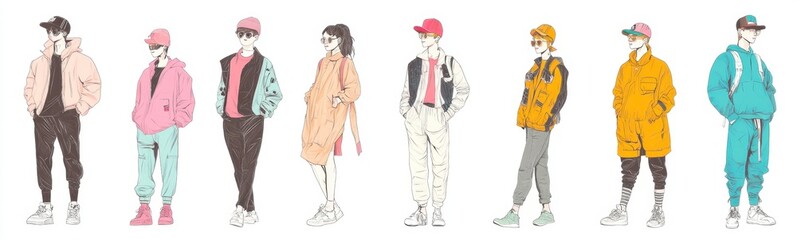 Line art illustration of cool people wearing modern , white background, full-body shot Generative AI
