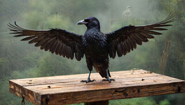"Corbeau majestueux d&eacute;ployant ses ailes"