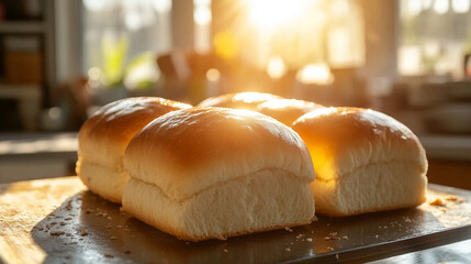 assortment of freshly baked bread rolls and loaves arranged on a rustic wooden table, symbolizing warmth, comfort, and nourishment in a cozy kitchen setting