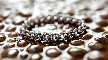 A Silver Chain Bracelet Lying on a Surface of Liquid Metal with a Pattern of Round Droplets