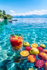 A refreshing drink surrounded by colorful fruits on a clear lake, perfect for relaxation.