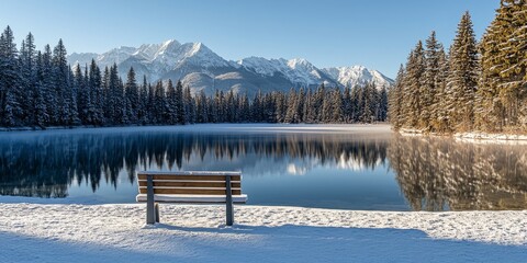 Scenic winter lake reflecting snow-dusted pine trees and majestic mountains under a clear blue sky