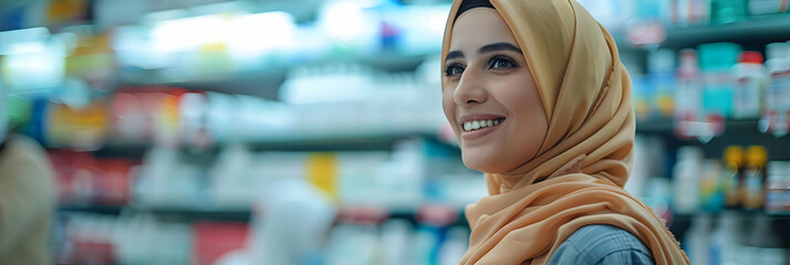 Obraz premium Smiling Woman in Hijab Shops at Blurred Supermarket Aisles