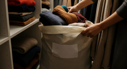 Fototapeta premium Person organizing clothes in laundry bag closet Sleeved garments and folded textiles are seen around
