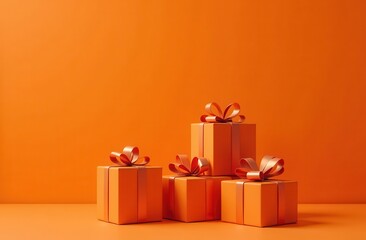 Four orange gift boxes with matching ribbons arranged on an orange background with space for text, perfect for New Year and Christmas-themed designs.